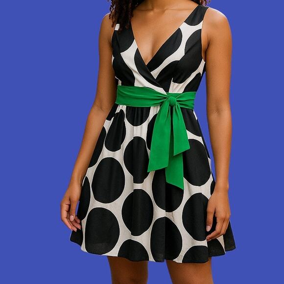 Forever Deep V Mini Dress Black Circles & Green Sash on White - Size S - Picture 1 of 5